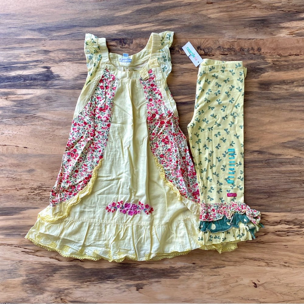 Naartjie Girl’s Aston Floral Dress & NWT Leggings Set Size 7 XL Yellow
